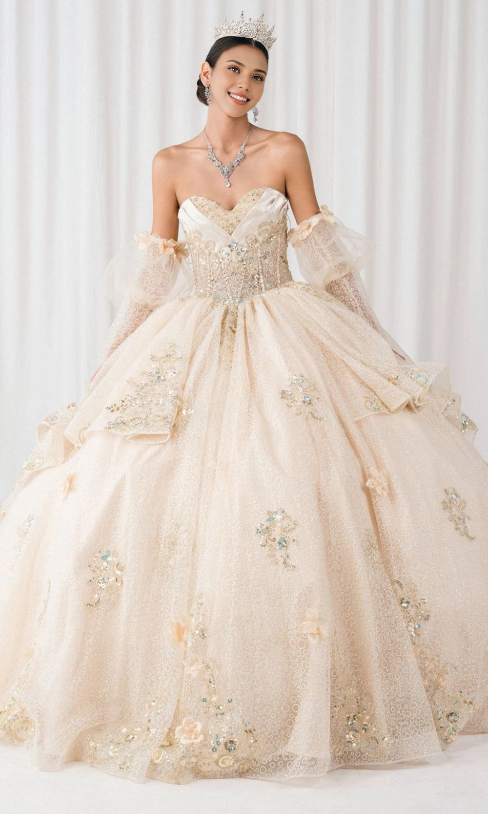 Dusty Pink Ball Gown Strapless Off‑Shoulder Puff Long Sleeves 3D Floral Big Bow Long Train Quinceanera Dress