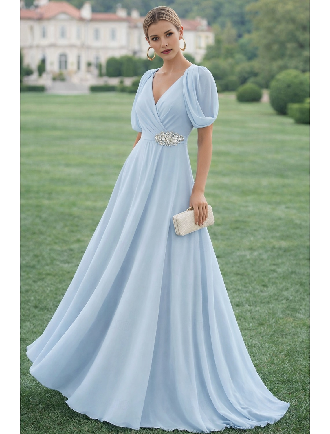 V-Neck Puff Sleeve Chiffon A-Line Floor-Length Formal Gown with Rhinestone Waist Accent