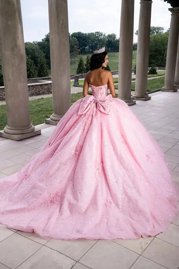 Vedress pink quinceañera gown corset lace-up back large embellished bow long train back view