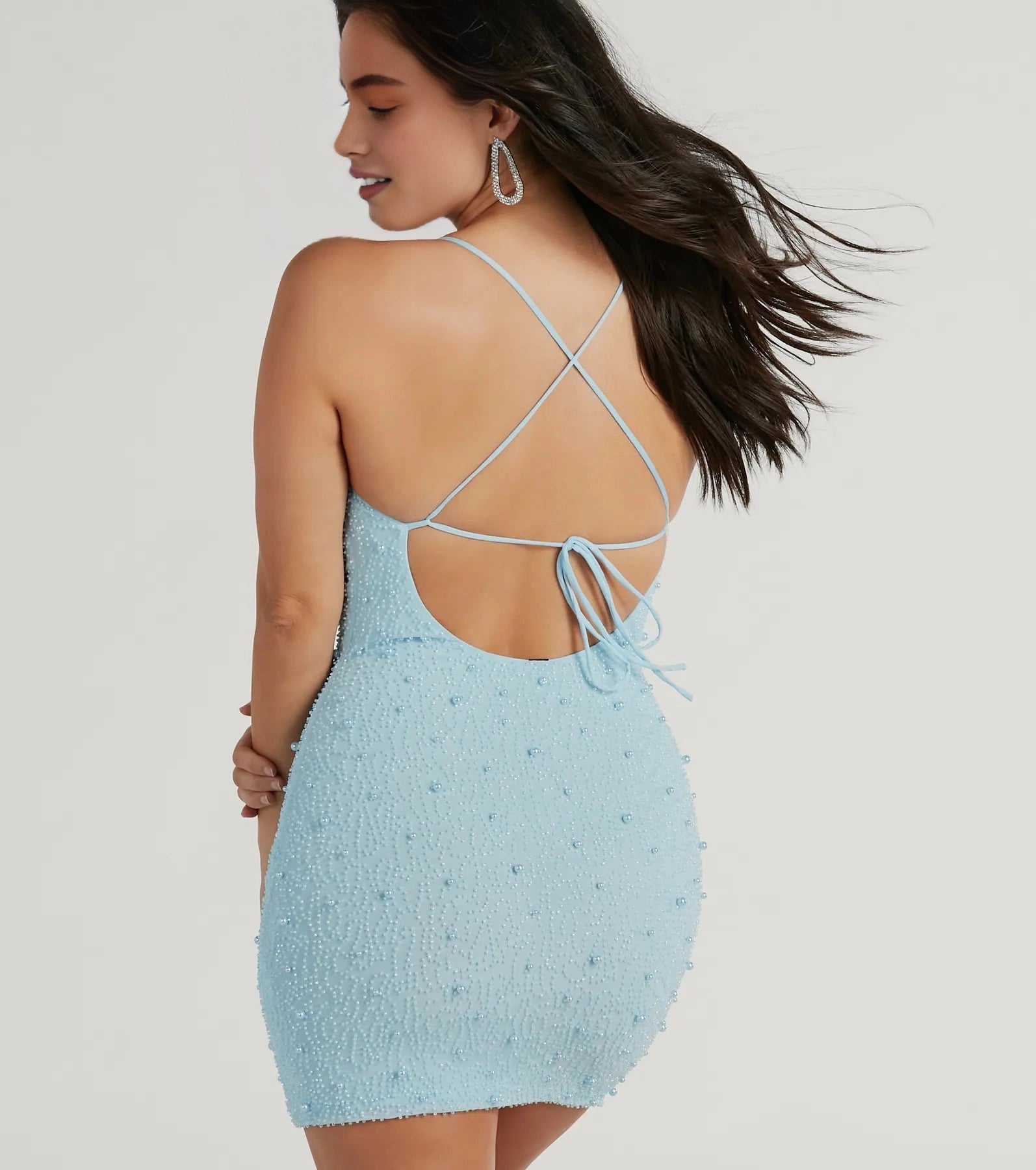 Glam Bodycon Cowl Spaghetti Strap Criss Cross Back Mini Homecoming Dress