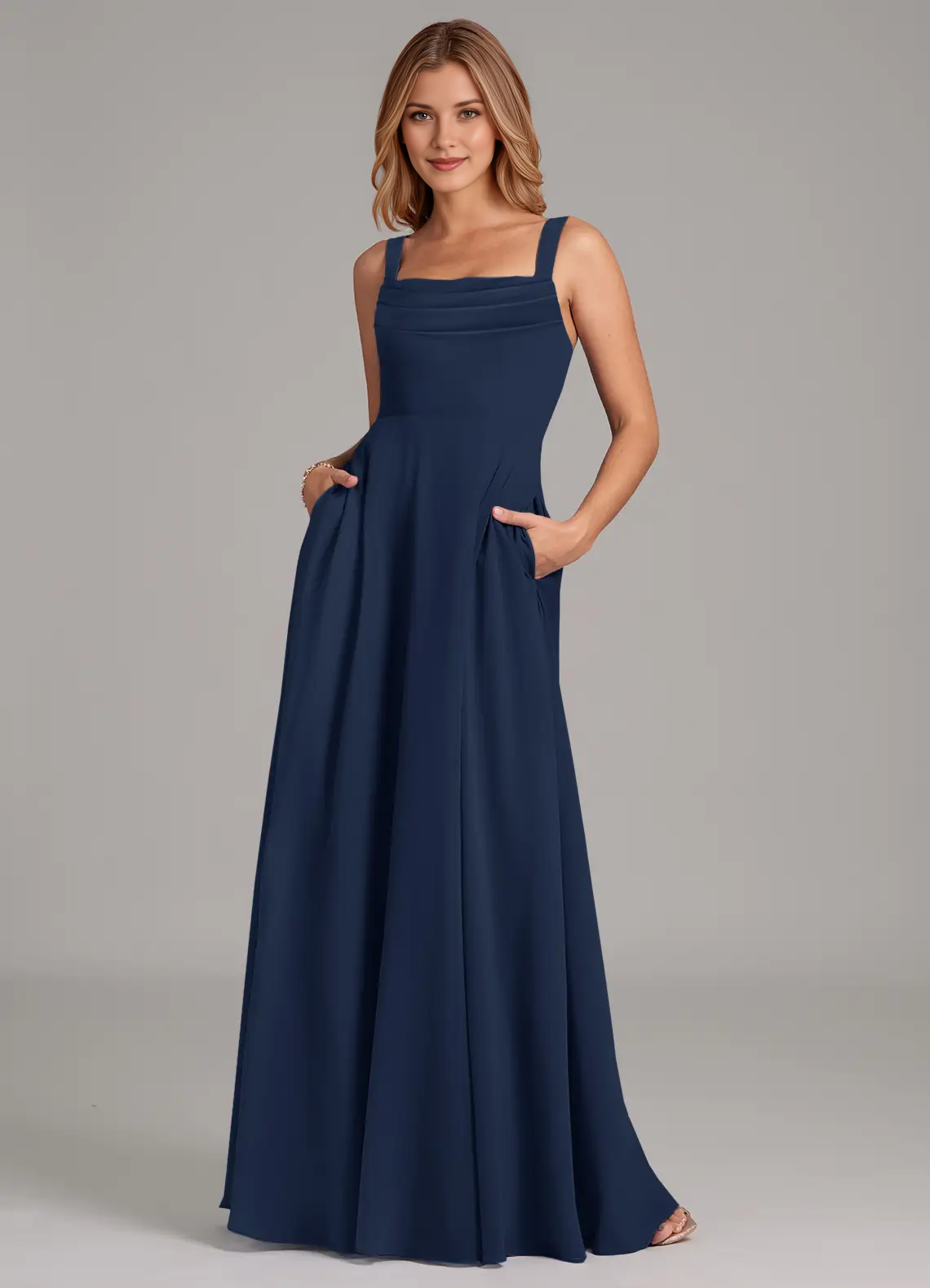 Square Neck Pleated Bodice Chiffon A-Line Floor-Length Bridesmaid Dress with Pockets