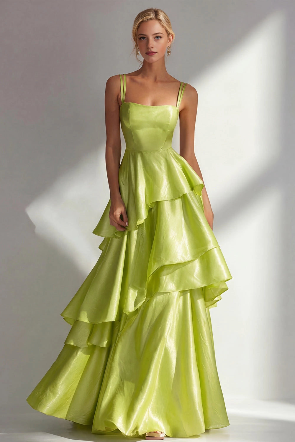 Shiny A Line Square Neck Straps Open Back Tiered Maxi Wedding Guest Dress