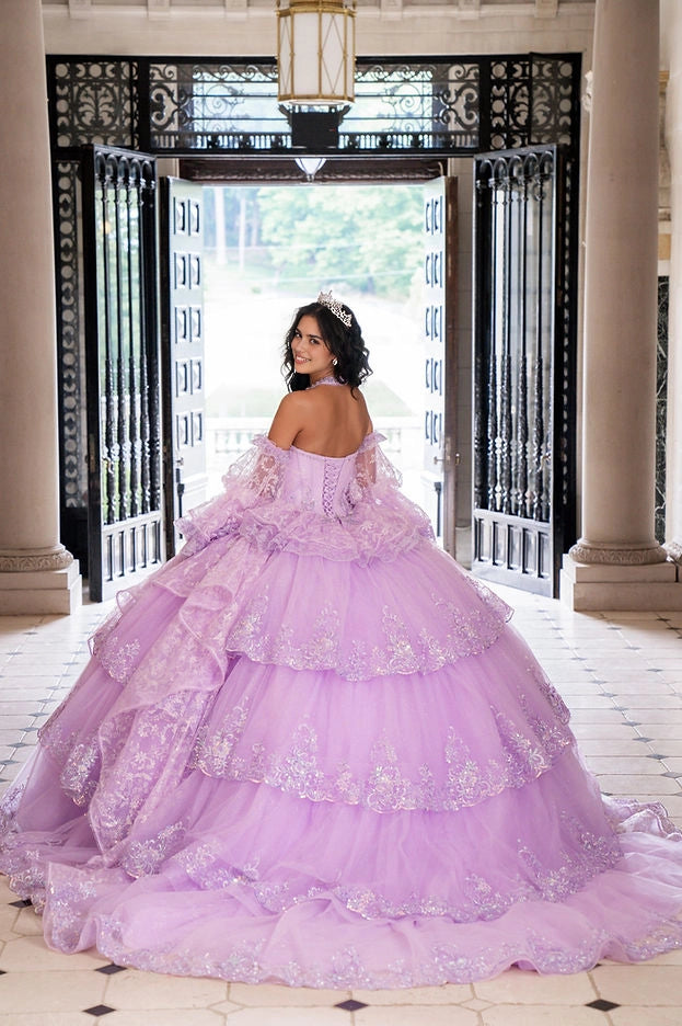 Back view Vedress lavender quinceanera gown corset lace-up back tiered ruffled long train glitter tulle dress