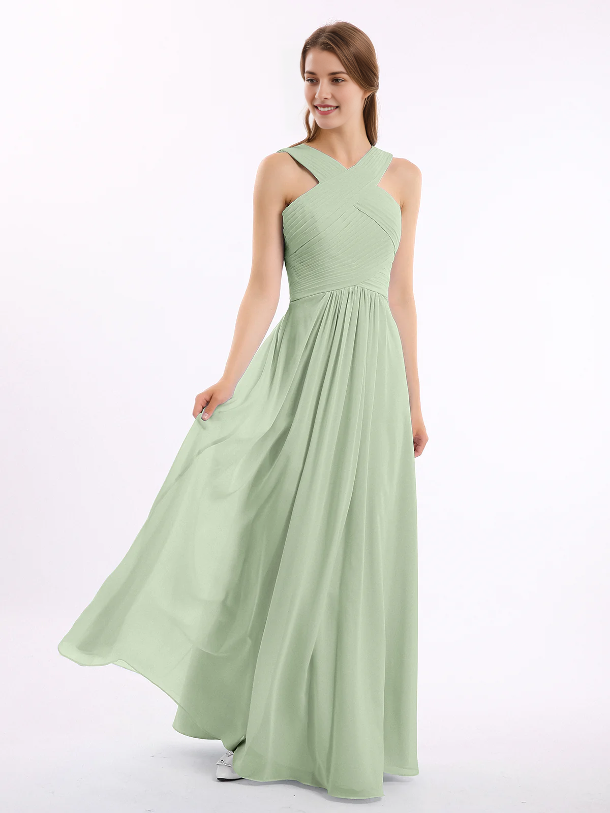Crisscross Neck Pleated Bodice Flowy Chiffon A-Line Floor-Length Bridesmaid Evening Maxi Dress