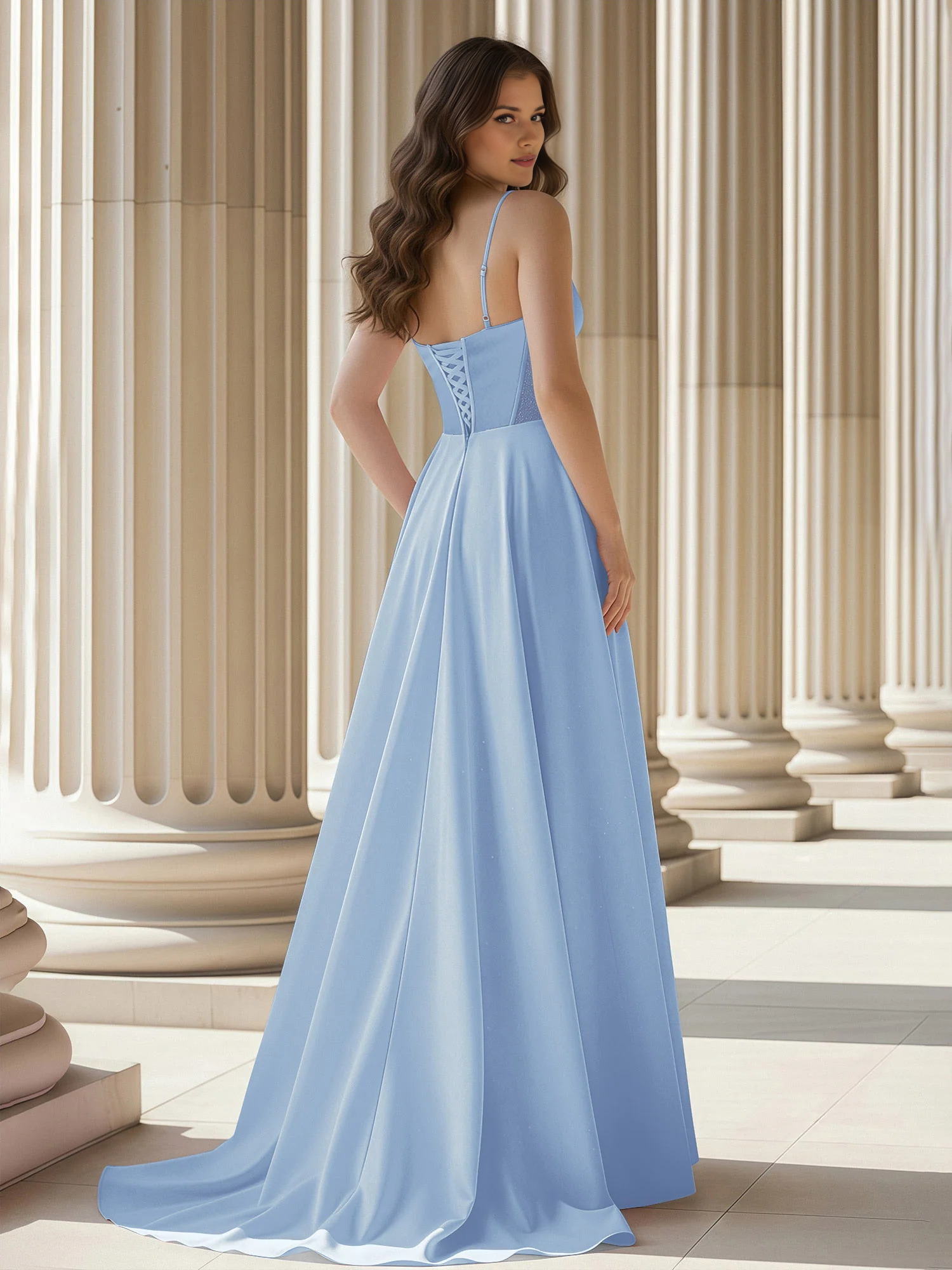 Vestido de Noche de Satén Acampanado con Corpiño Corsé de Tirantes y Cola - Vestido Formal para Fiesta de Graduación e Invitada de Boda