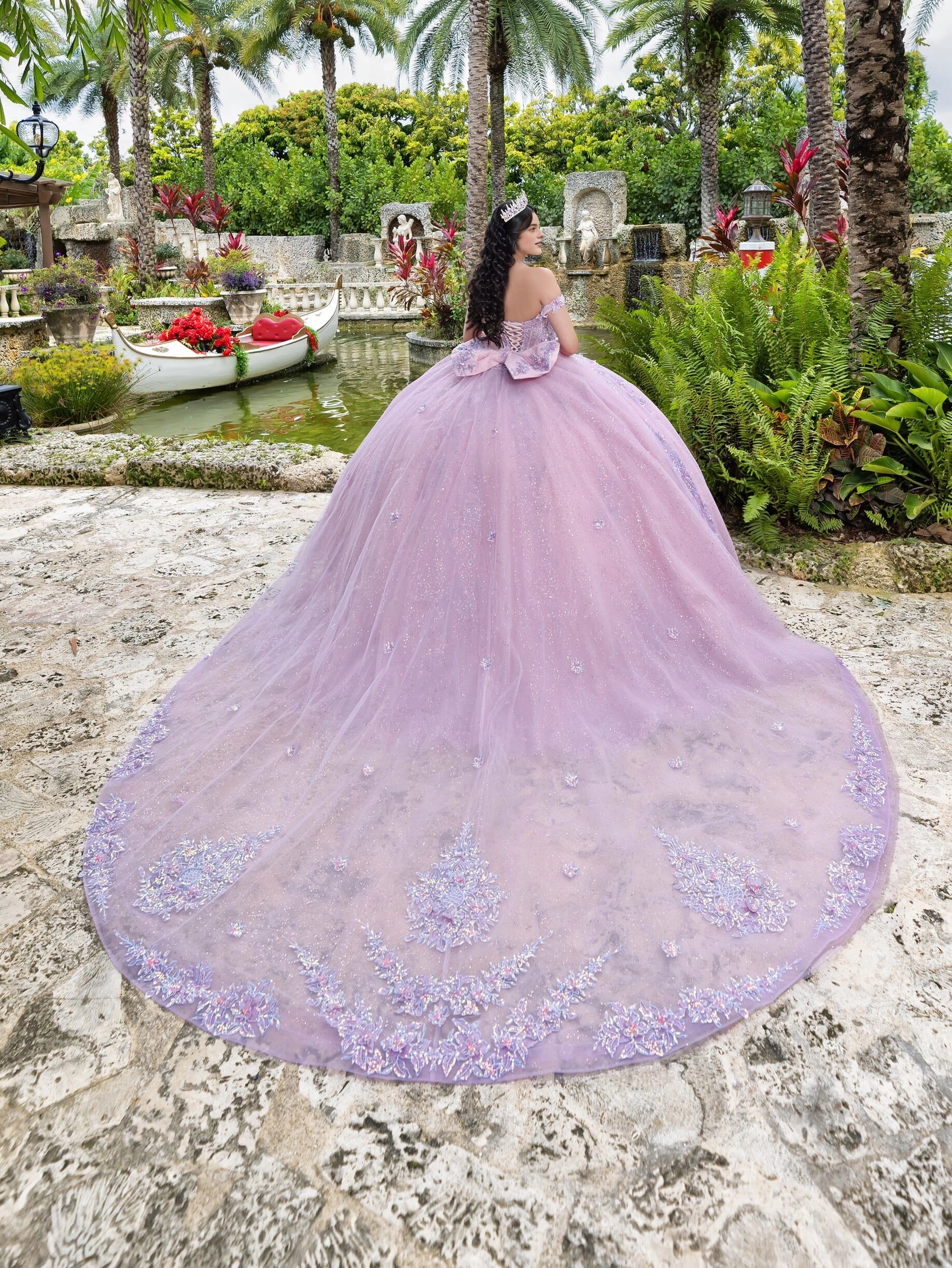 Luxurious Ball Gown Off‑Shoulder Short Sleeve Lace‑Up Back Cathedral Train Quinceanera Dress