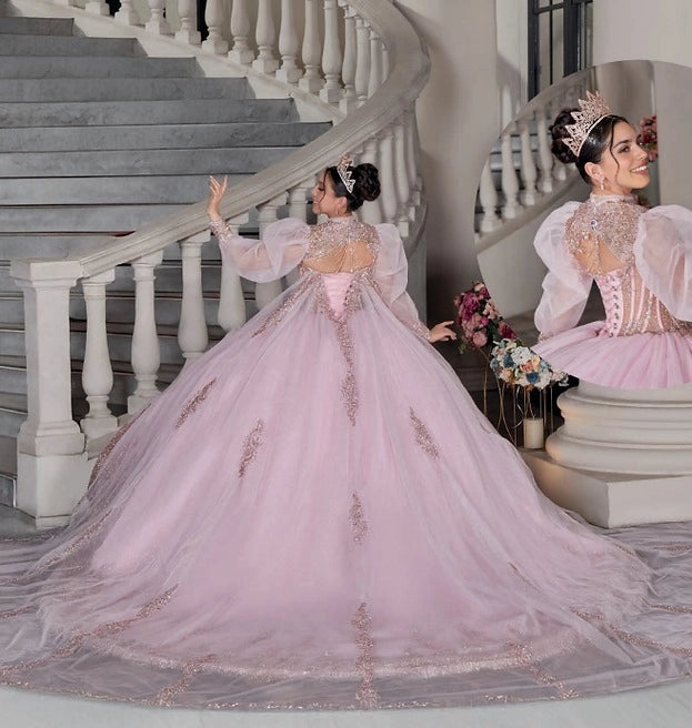 Ball Gown Puff Sleeve Corset Back Cape Train Quinceañera Dress