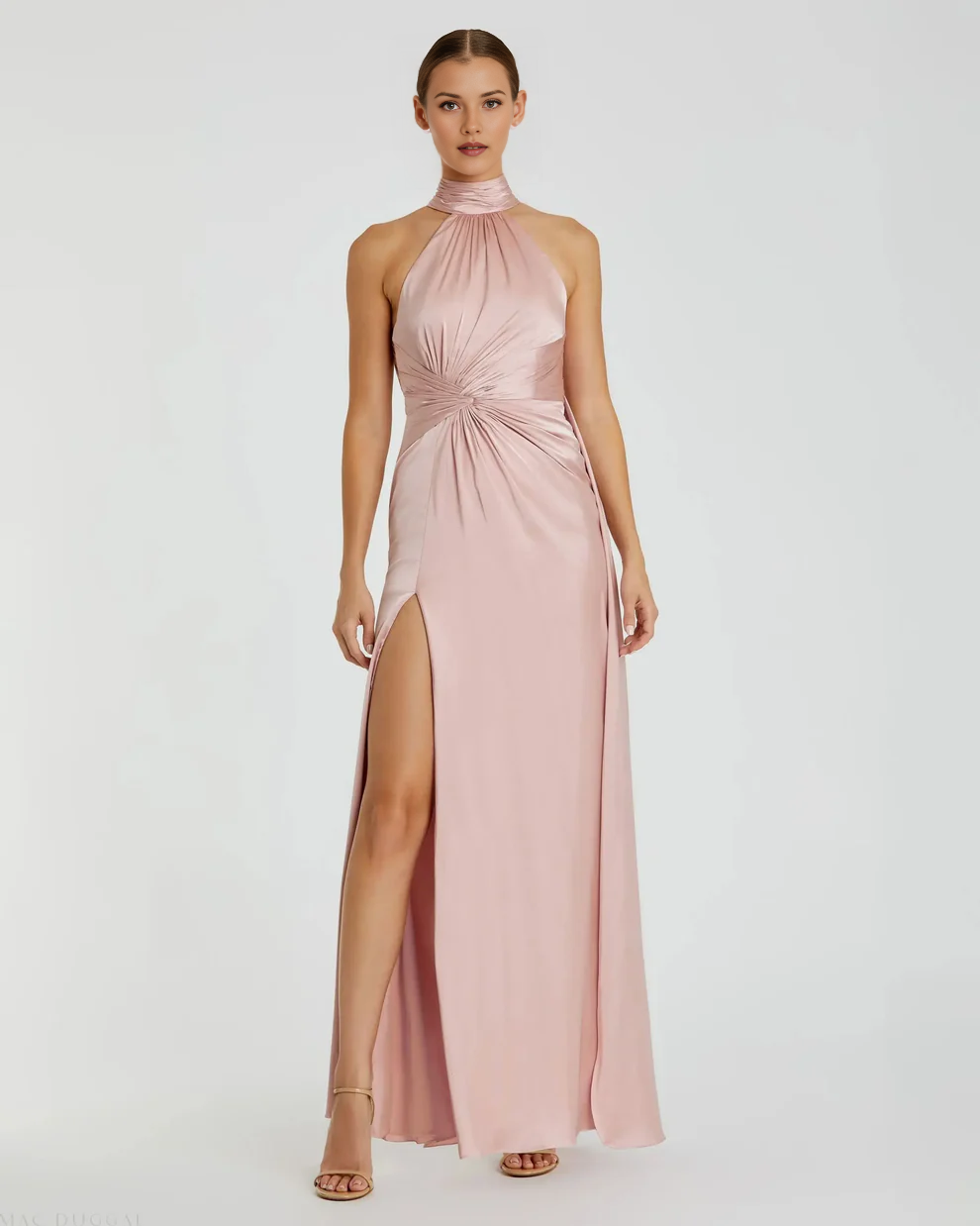 Halter Neck Twist Waist Satin Gown with Open Back & High Slit