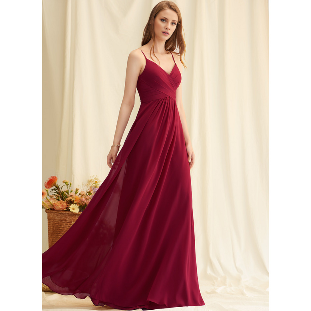 Spaghetti Strap V-Neck Chiffon Bridesmaid Dress - A-Line Floor-Length Formal Gown for Wedding Guest