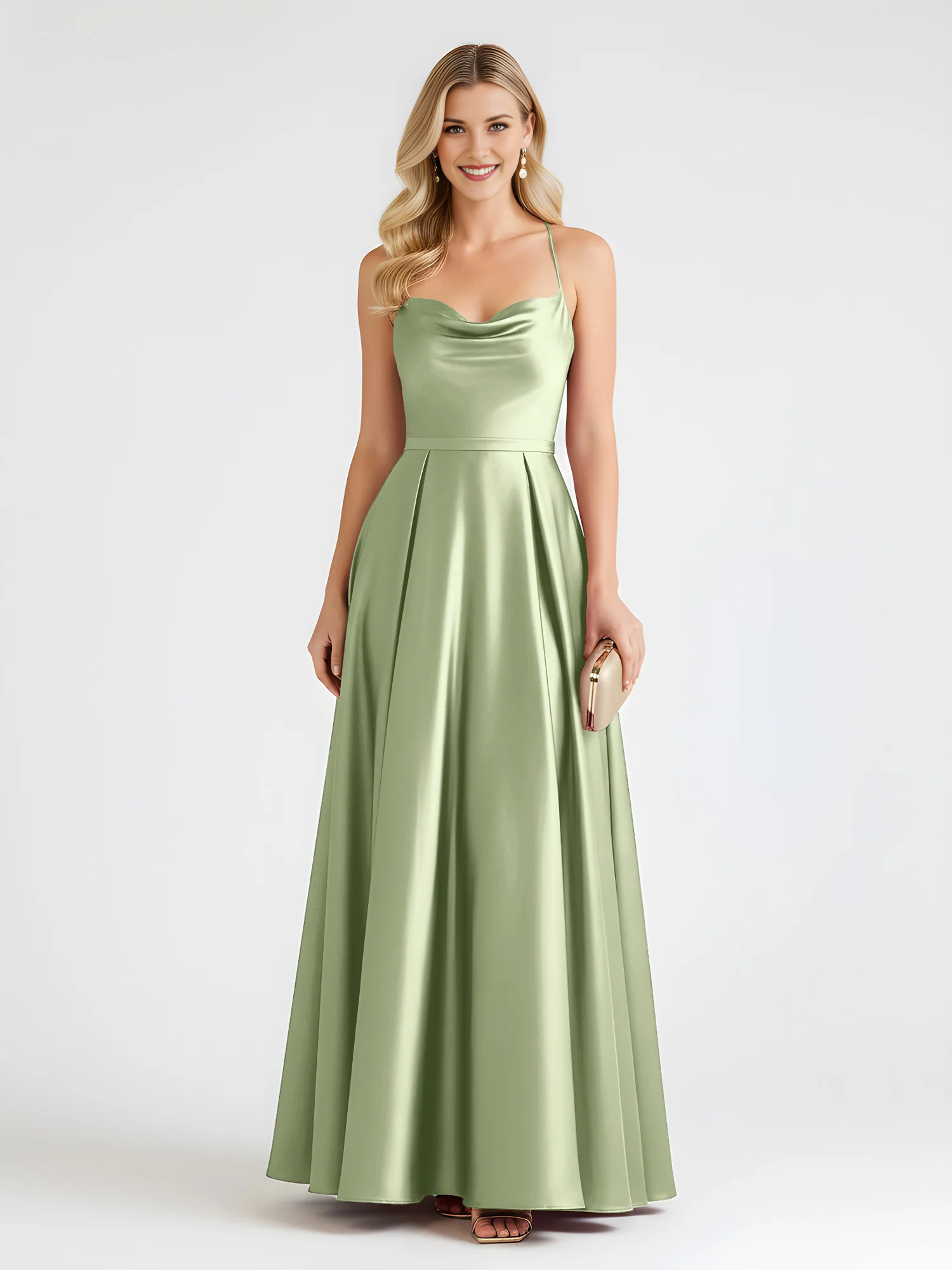 Vestido de dama de honor largo hasta el suelo de raso con cuello desbocado, tirantes finos y espalda cruzada