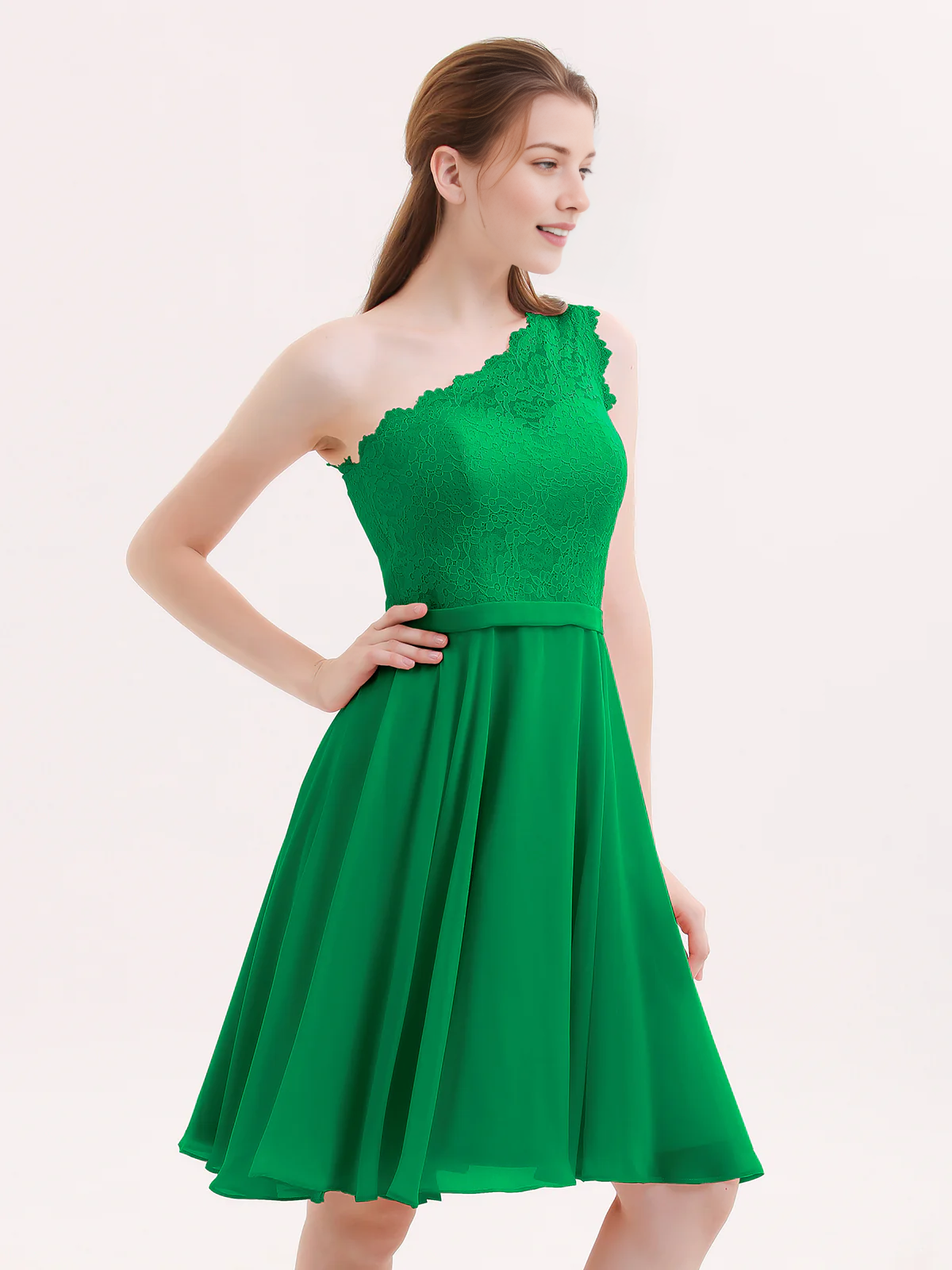 One Shoulder Lace Top A-Line Knee-Length Chiffon Bridesmaid Homecoming Short Dress