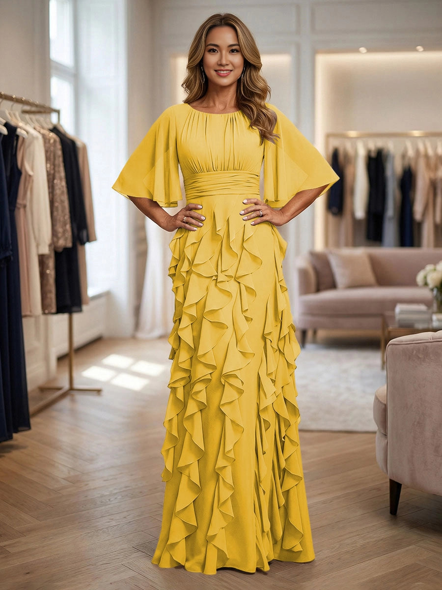 Elegant A‑Line Round Flutter‑Sleeve Zip‑Back Floor‑Length Plus Size Mother of the Bride Dress