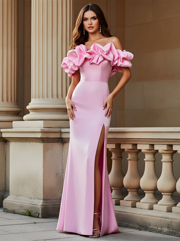 Elegante vestido de noche formal de raso rosa con volantes, hombros descubiertos y abertura alta para graduación y boda