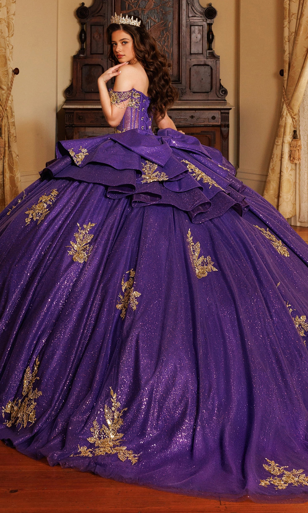 Vedress purple layered ruffle quinceanera dress corset back long train gold appliques back view