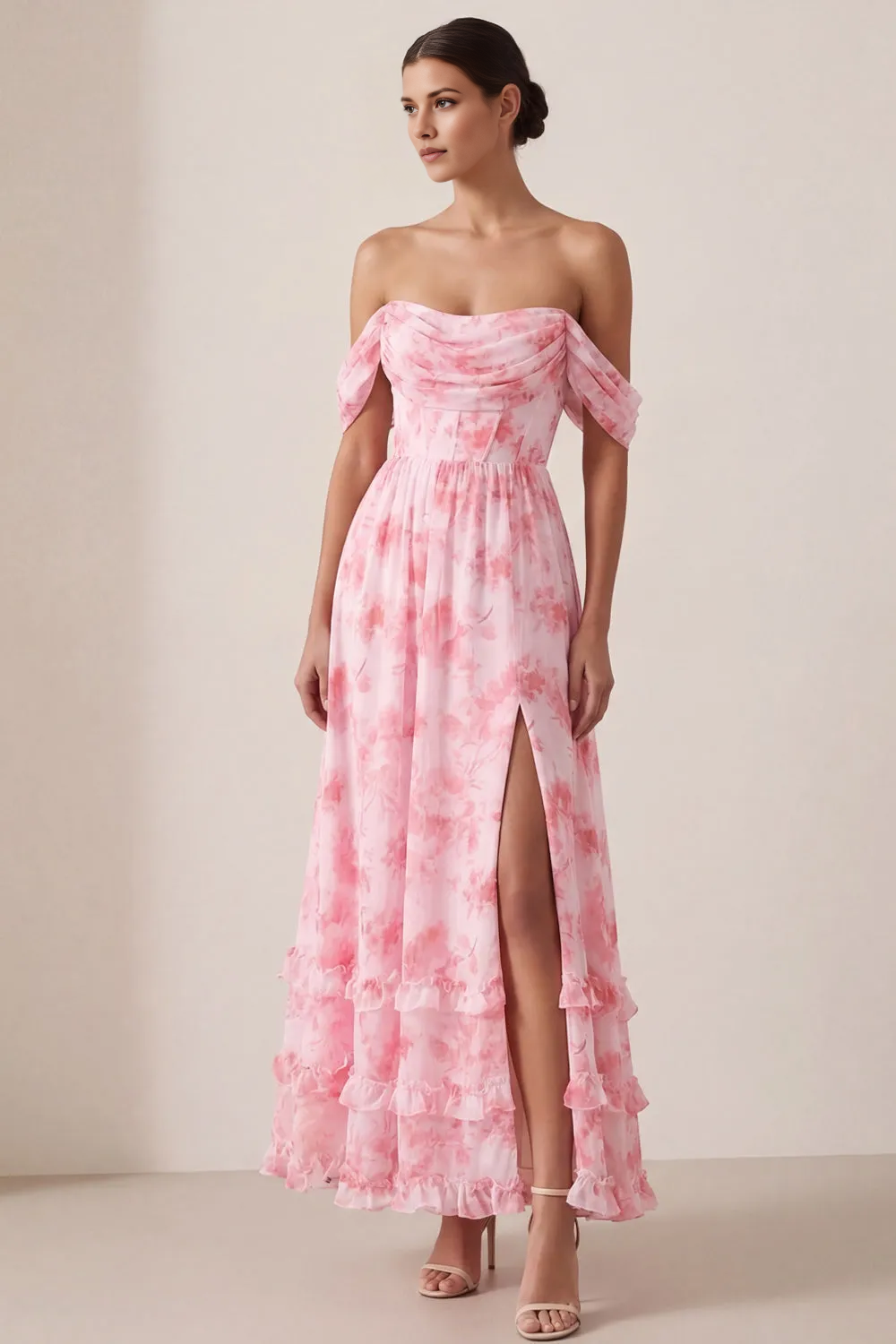 Pink Floral Off-the-Shoulder Corset Chiffon Maxi Dress with Slit & Ruffle Hem