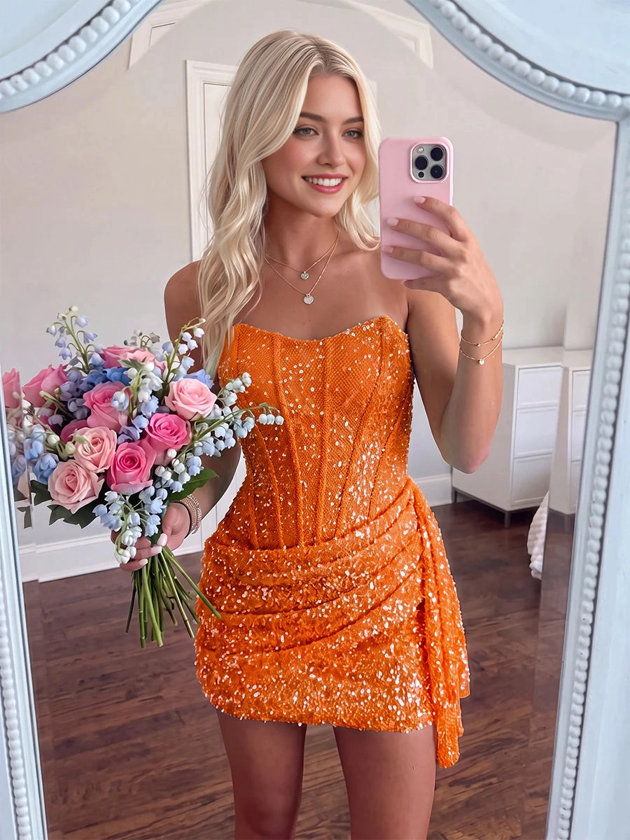 Sparkling Sequin Sheath Sweetheart Strapless Sleeveless Zip‑Back Mini Homecoming Dress