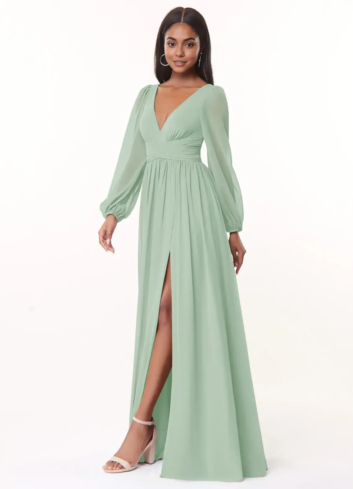 A-Line/Princess Chiffon Plunging Neck Long Sleeves Bridesmaid Dresses Wedding Guest Dresses With Slit