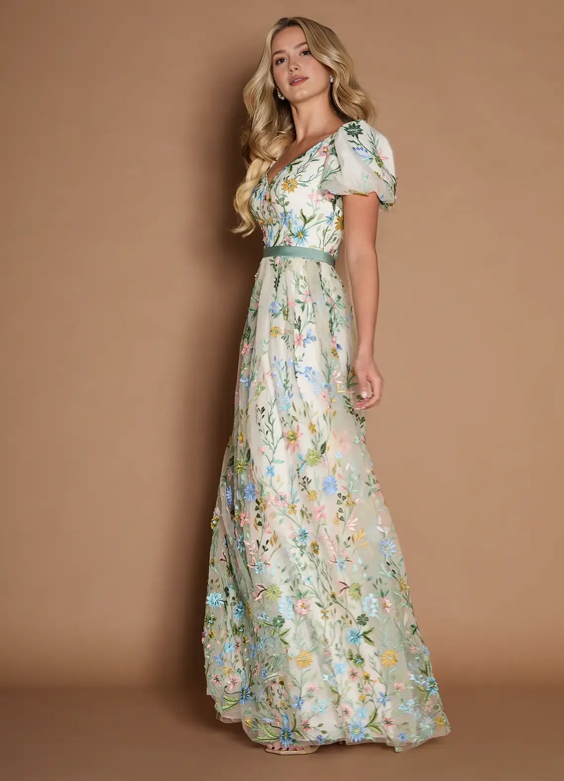 Dreamy Aline Vneck ShortSleeve Tulle Floor Length Waist band Embroidery Party Dress