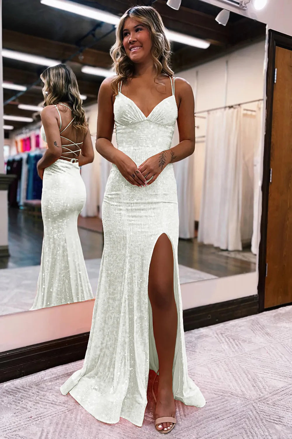 Sheath Plunging V Neck Spaghetti Strap Sequin Lace-Up High Slit Prom Special Occasion Formal Gown