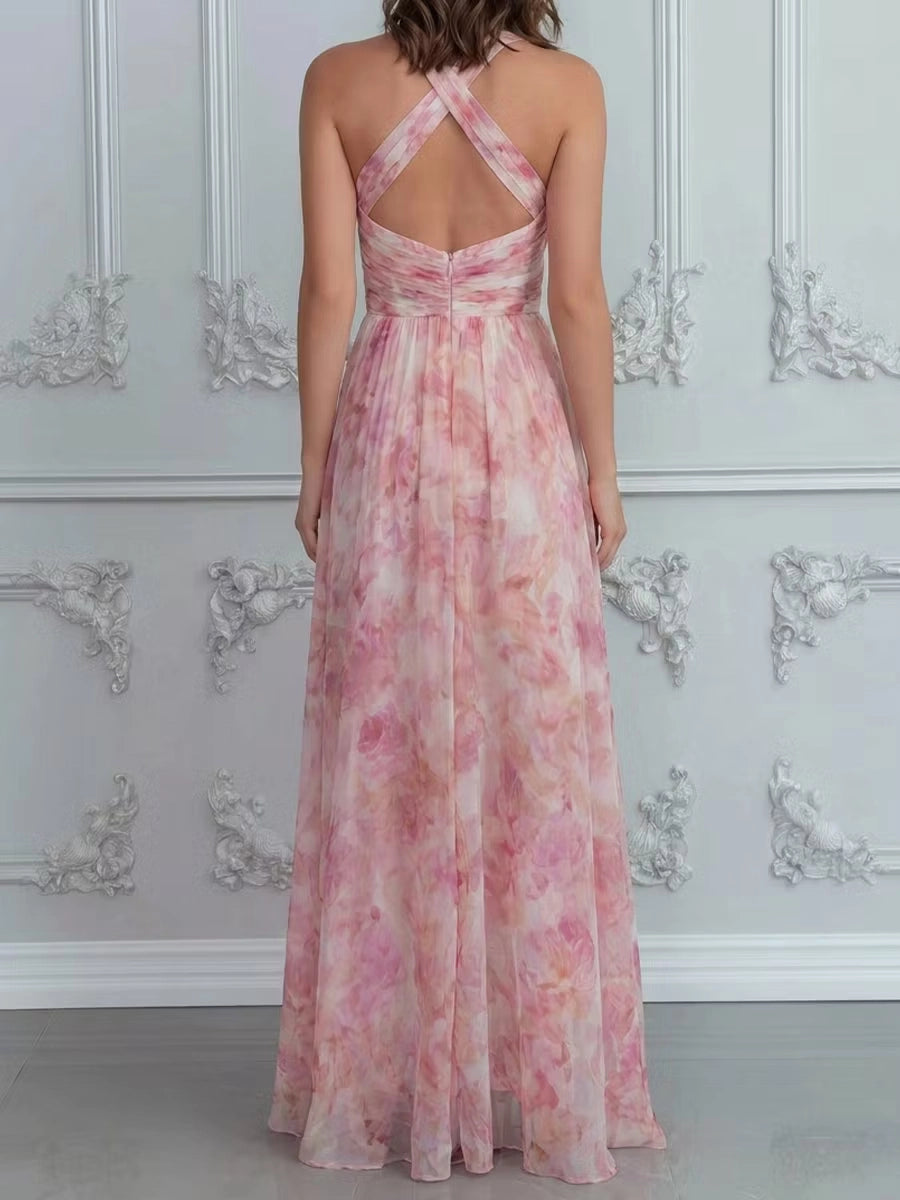 Floral A-line V-neck Halter Crisscross Back Floor Length Bridesmaid Dress