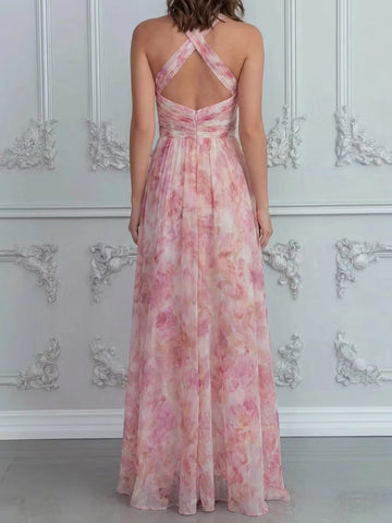 Floral A-line V-neck Halter Crisscross Back Floor Length Bridesmaid Dress