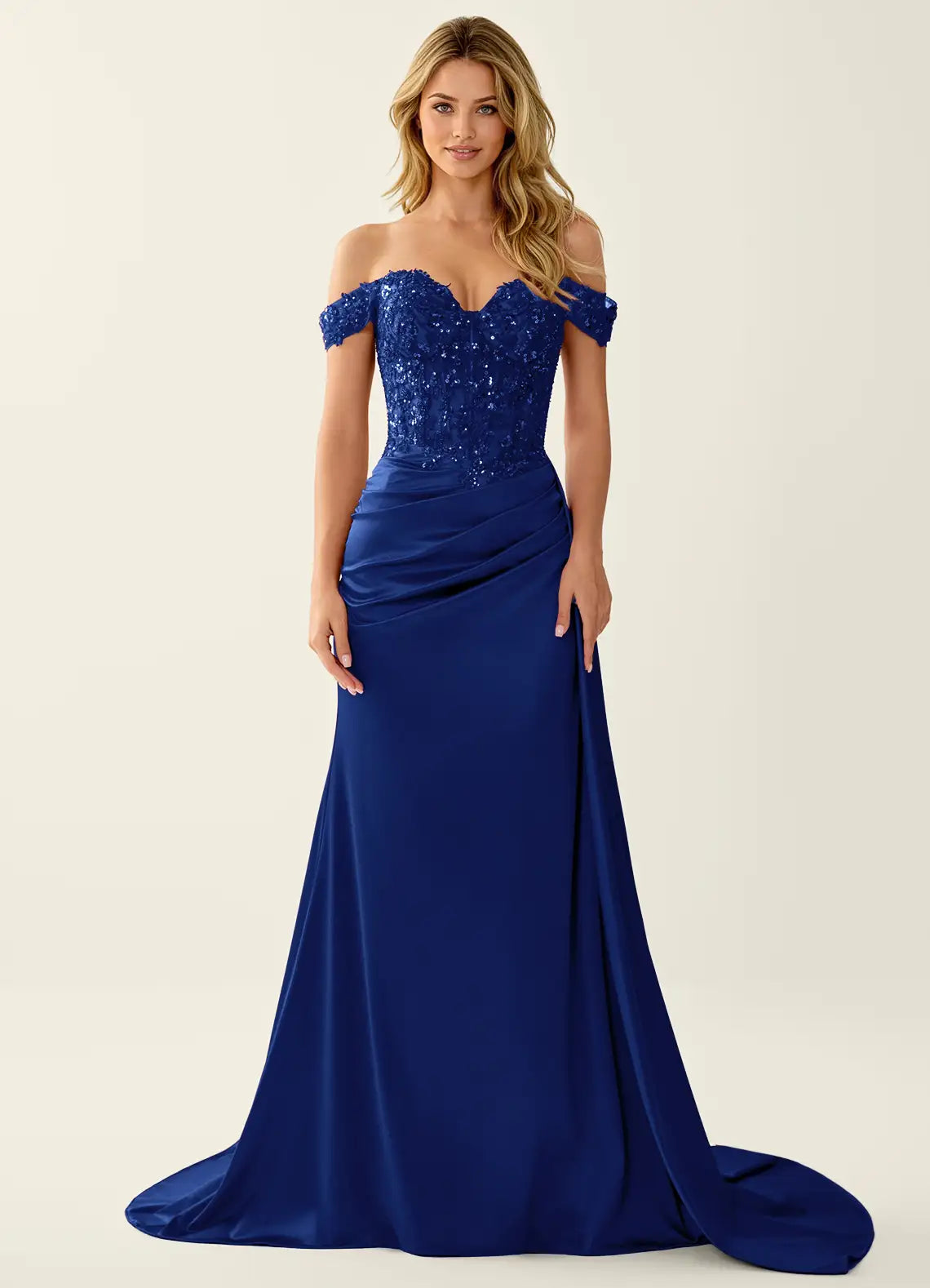 Glamorous Mermaid Sweetheart Off Shoulder Lace Satin Floor Length Prom Dress