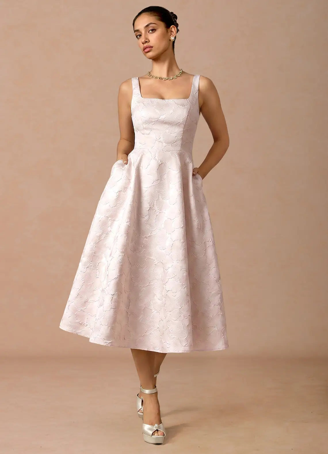 Elegant Flare Square Sleeveless Jacquard Midi Corset Back Pockets Cocktail Dress