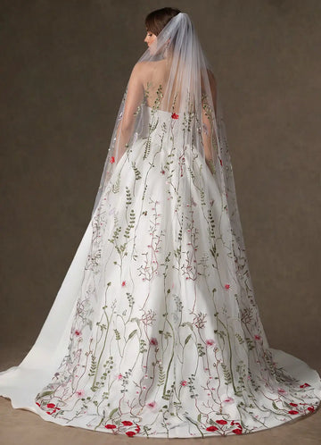 Romantic Sheer Tulle Multicolor Floral Embroidered Cathedral Length Bridal Wedding Veil