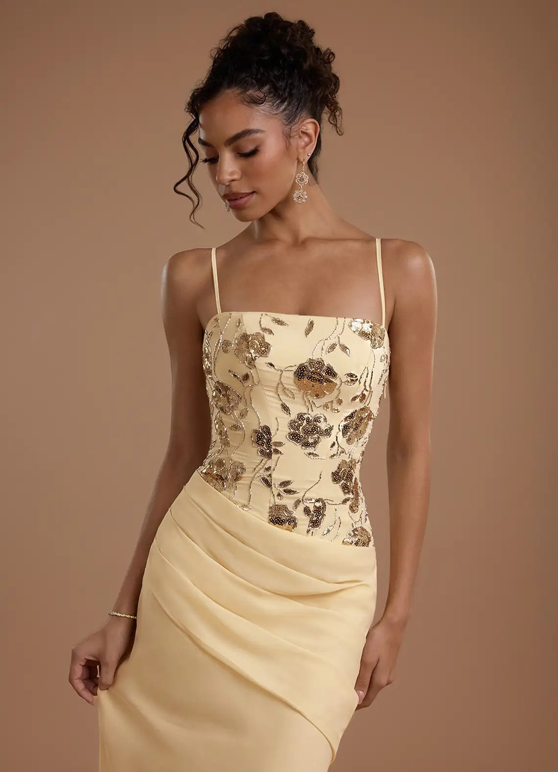 Elegant Sheath Cowl Sleeveless Chiffon Ruched High-slit Slip Evening Dress