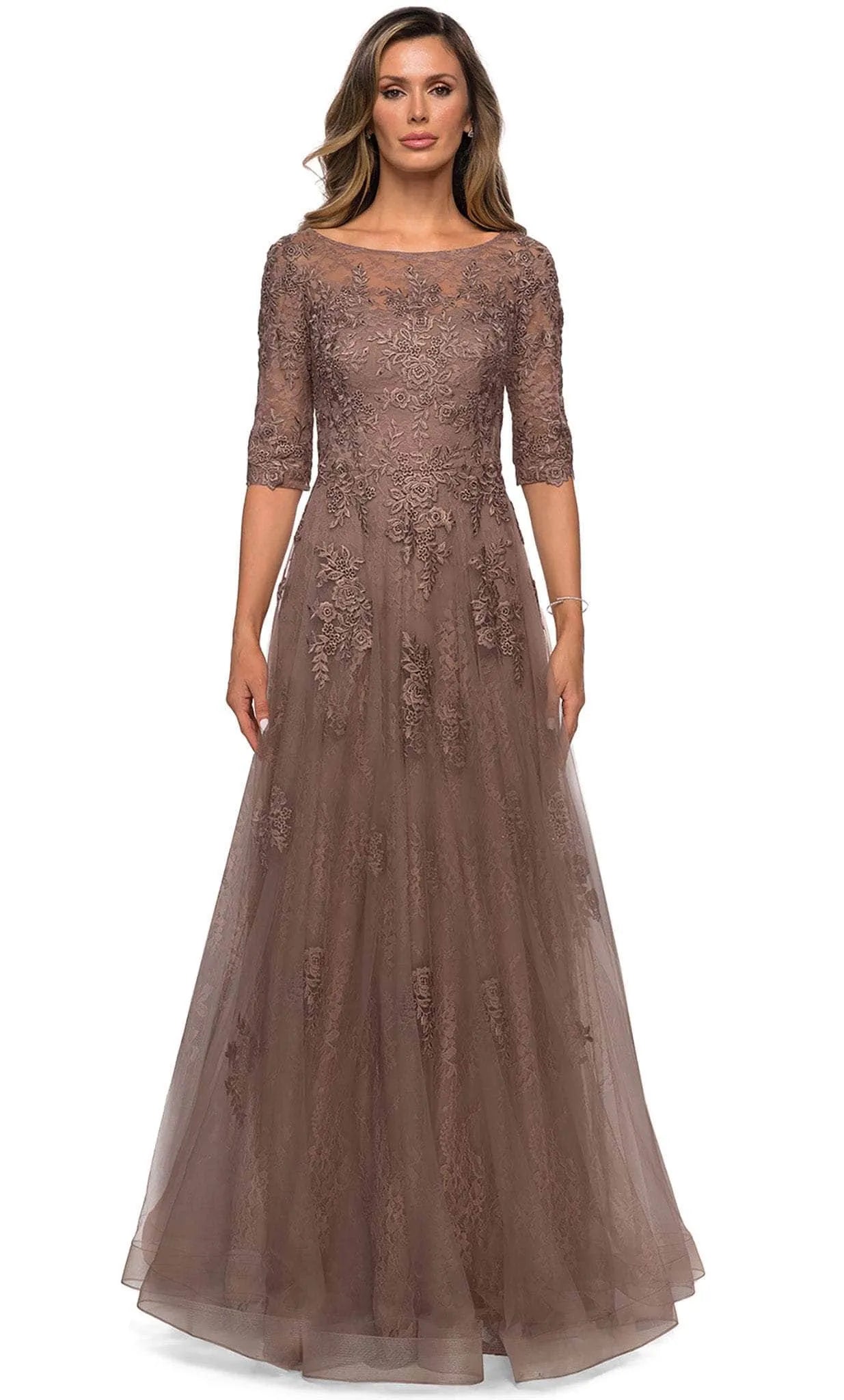 Elegant A-Line Half Seeve Bateau Neck Floral Lace Tulle Formal Mother of the Bride Dress