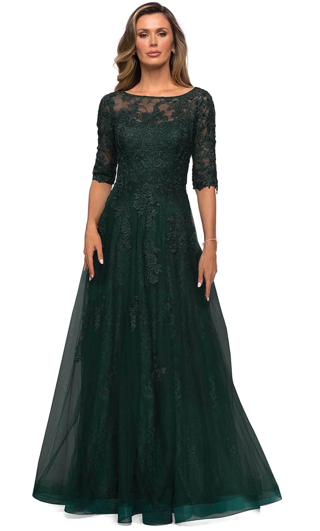 Elegant A-Line Half Seeve Bateau Neck Floral Lace Tulle Formal Mother of the Bride Dress