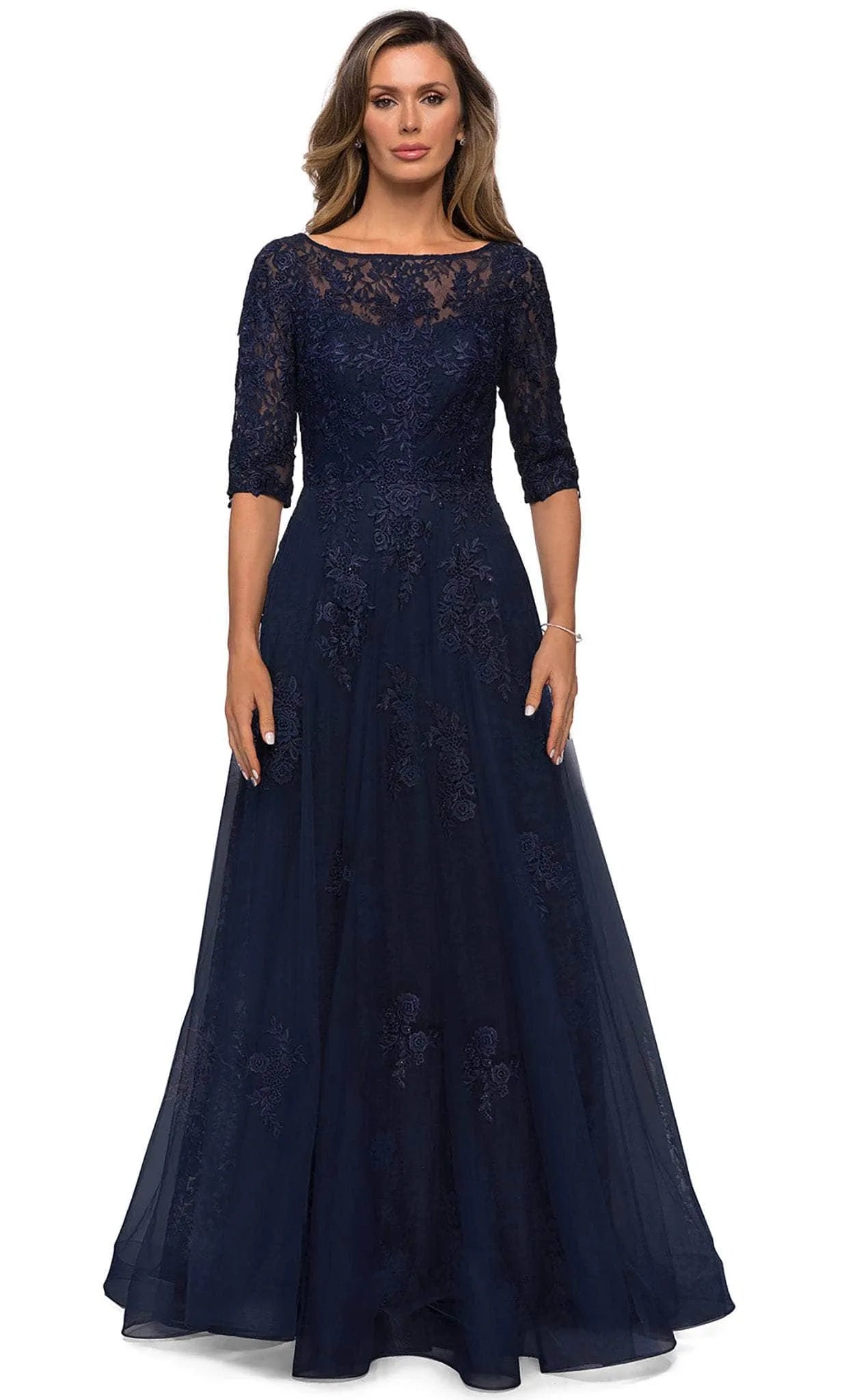 Elegant A-Line Half Seeve Bateau Neck Floral Lace Tulle Formal Mother of the Bride Dress