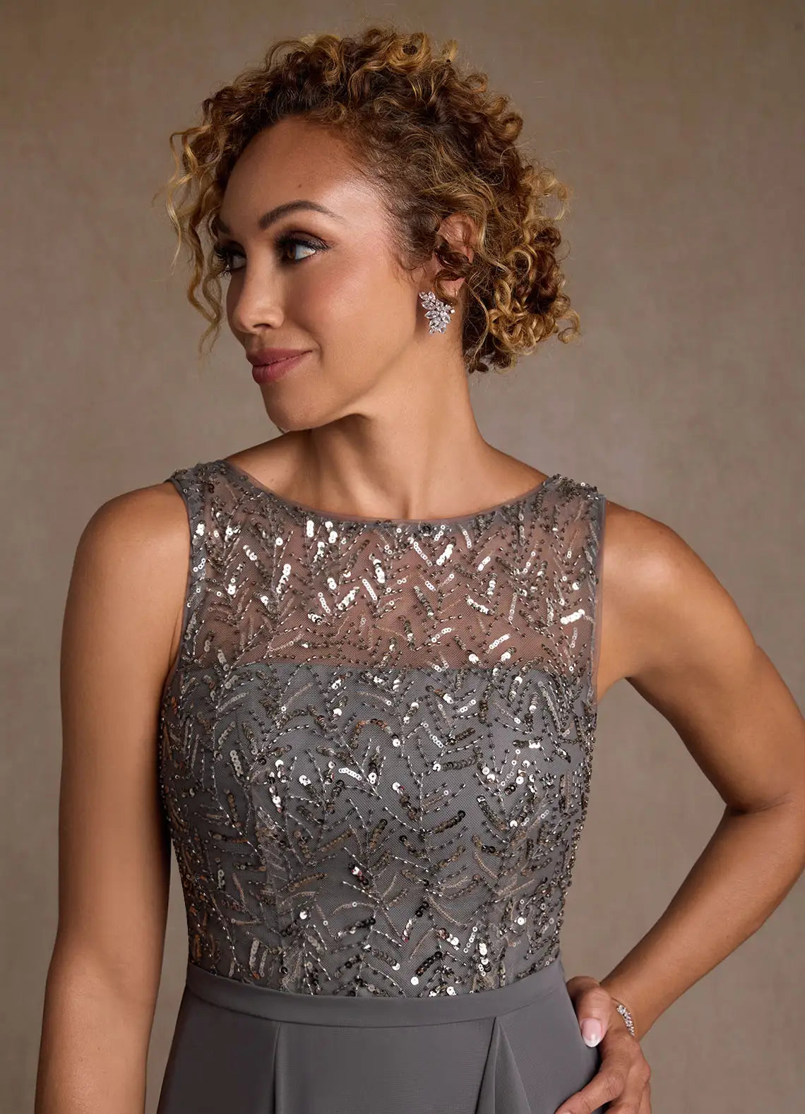 Elegant A-Line Boat Neck Sequin Chiffon Mother of the Bride Dress with Slit