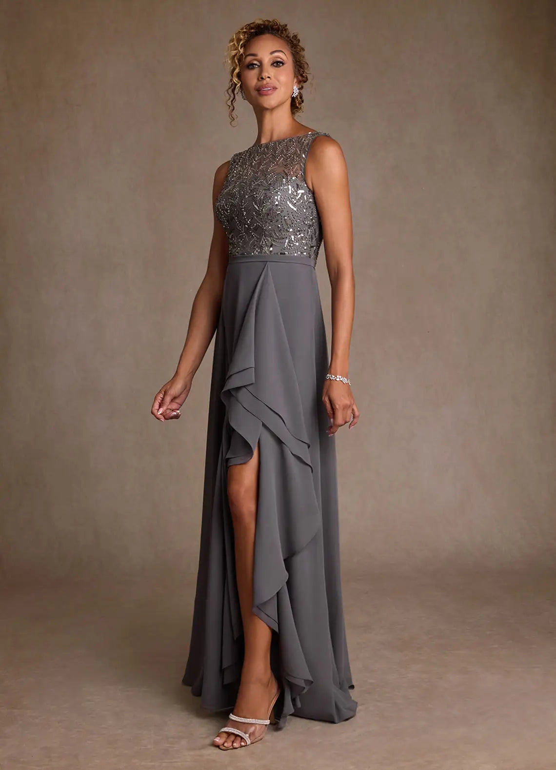 Elegant A-Line Boat Neck Sequin Chiffon Mother of the Bride Dress with Slit