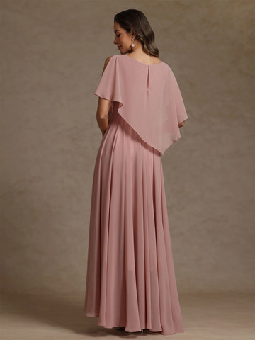 A-Line Round Neck Chiffon Floor-Length Beaded Gown Mother of the Bride Dress