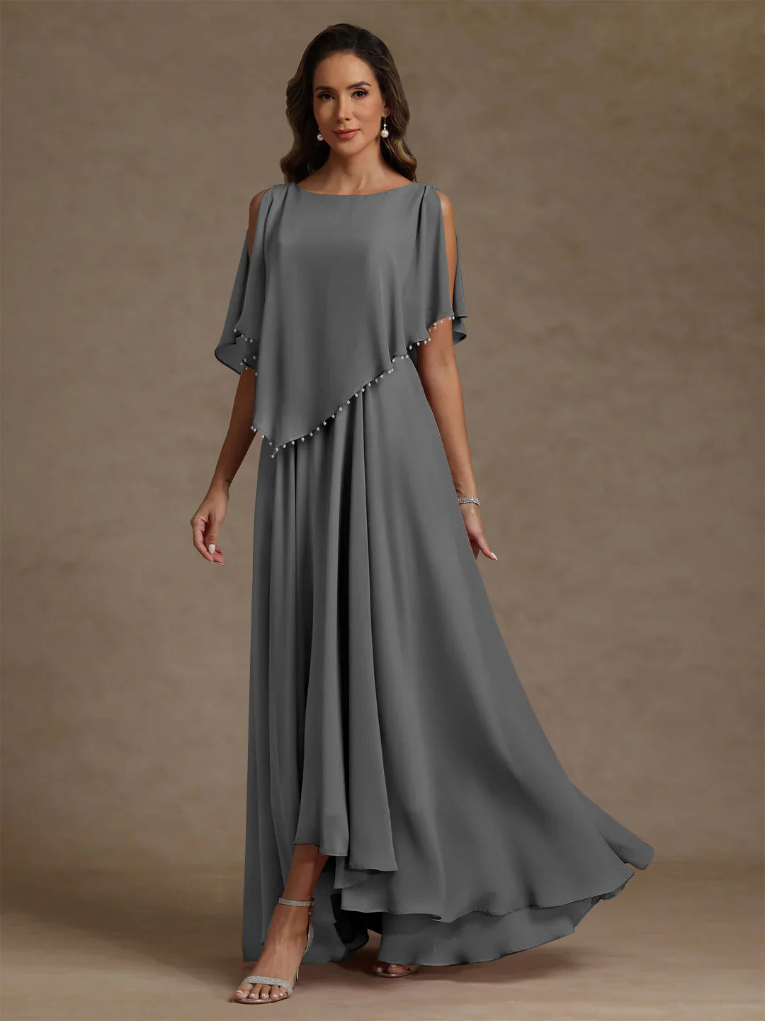 A-Line Round Neck Chiffon Floor-Length Beaded Gown Mother of the Bride Dress