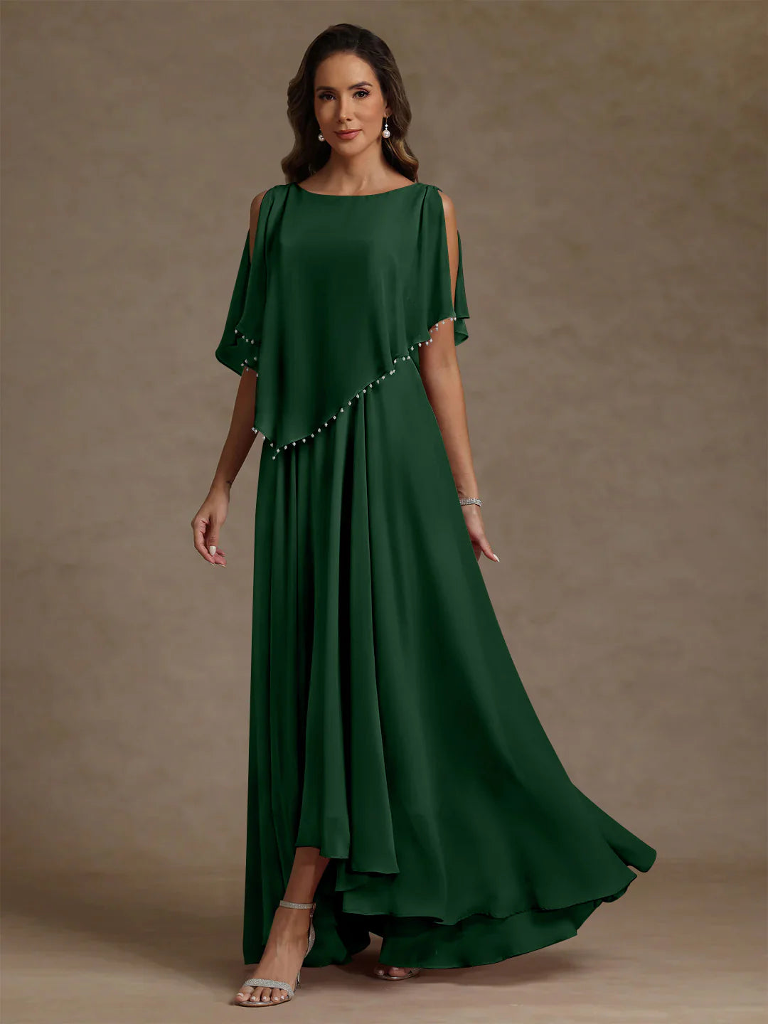 A-Line Round Neck Chiffon Floor-Length Beaded Gown Mother of the Bride Dress