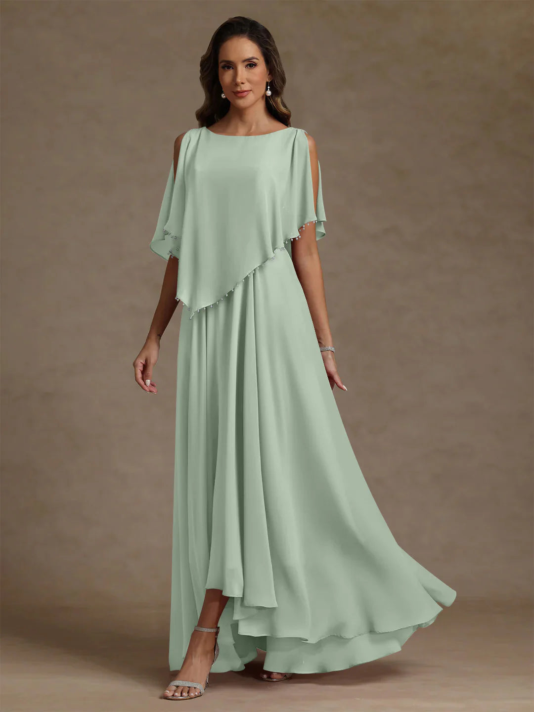 A-Line Round Neck Chiffon Floor-Length Beaded Gown Mother of the Bride Dress