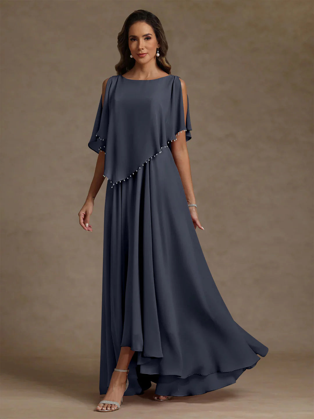 A-Line Round Neck Chiffon Floor-Length Beaded Gown Mother of the Bride Dress