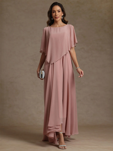 A-Line Round Neck Chiffon Floor-Length Beaded Gown Mother of the Bride Dress