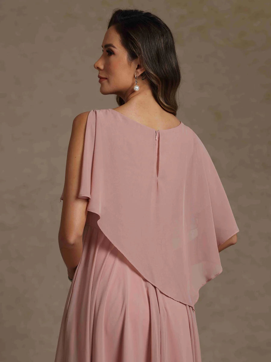 A-Line Round Neck Chiffon Floor-Length Beaded Gown Mother of the Bride Dress
