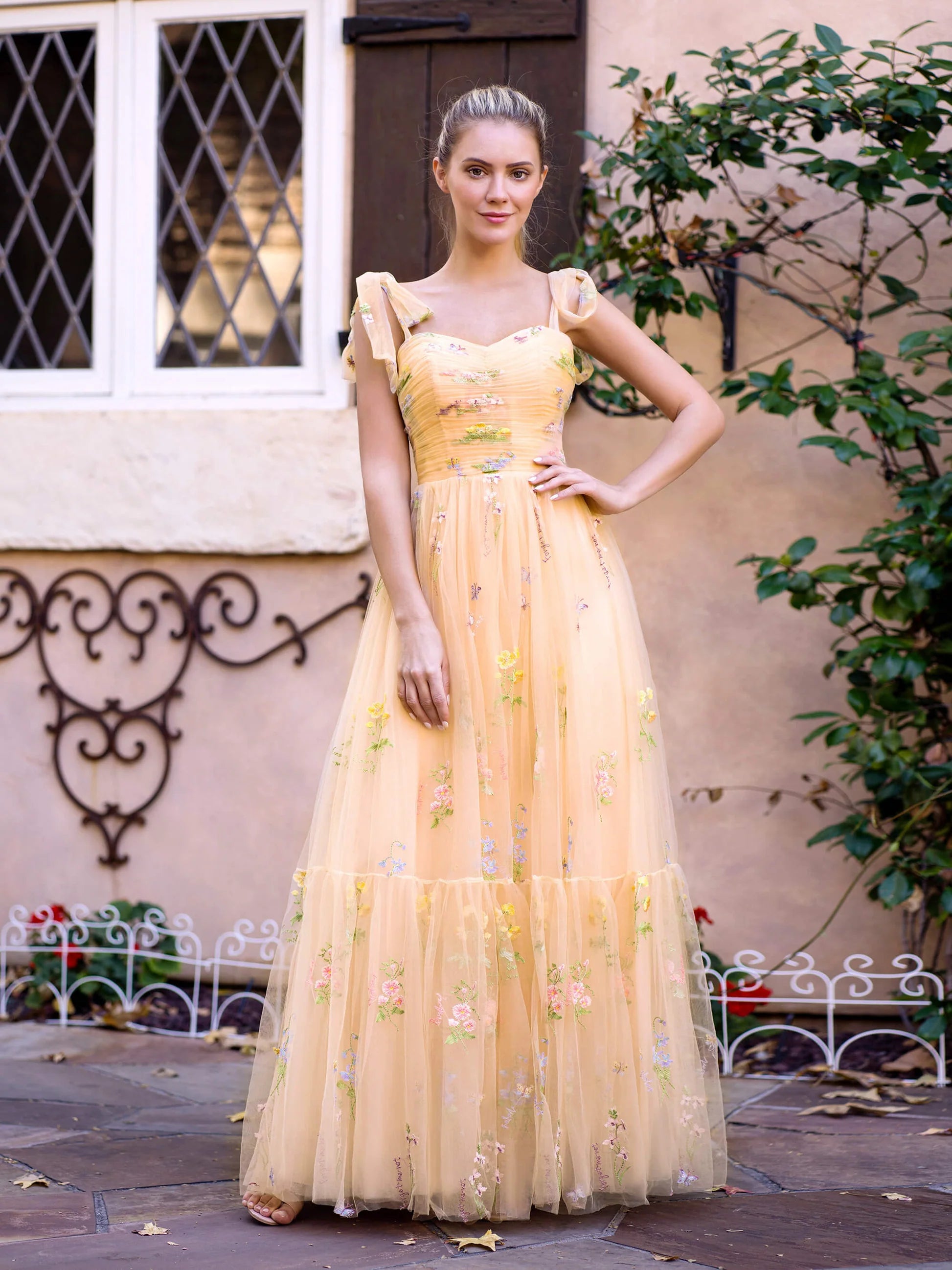 Elegant Tulle A-Line Cold Shoulder Floral Tulle Embroidery Prom Dress