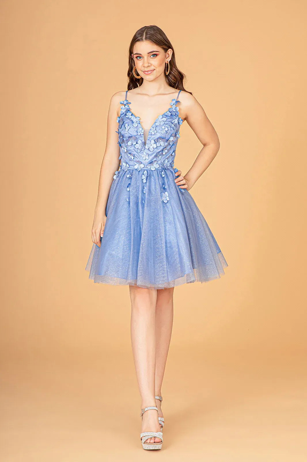 A Line Glitter Tulle 3D Floral Deep V Neck Short Homecoming Dress