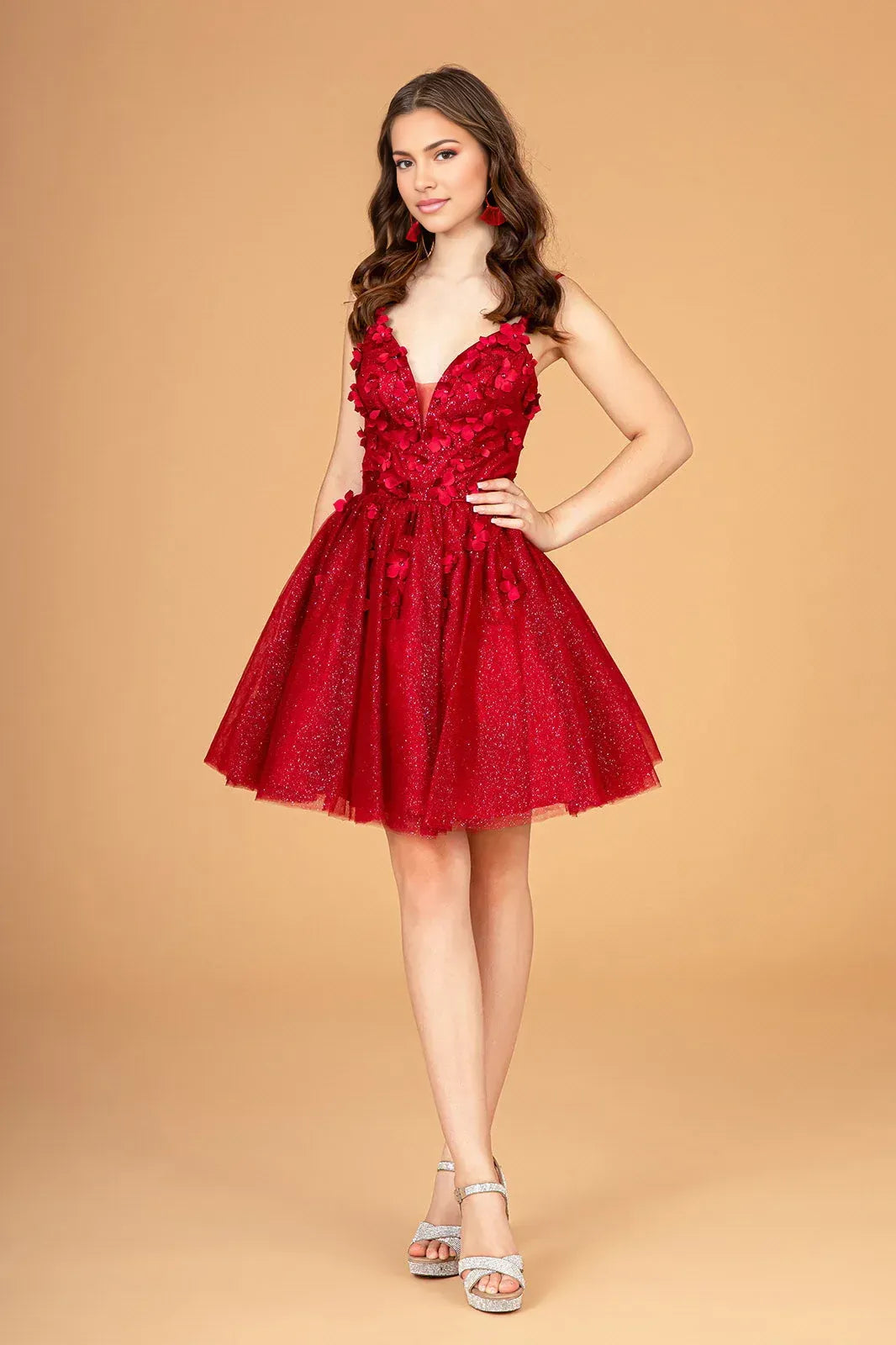 A Line Glitter Tulle 3D Floral Deep V Neck Short Homecoming Dress
