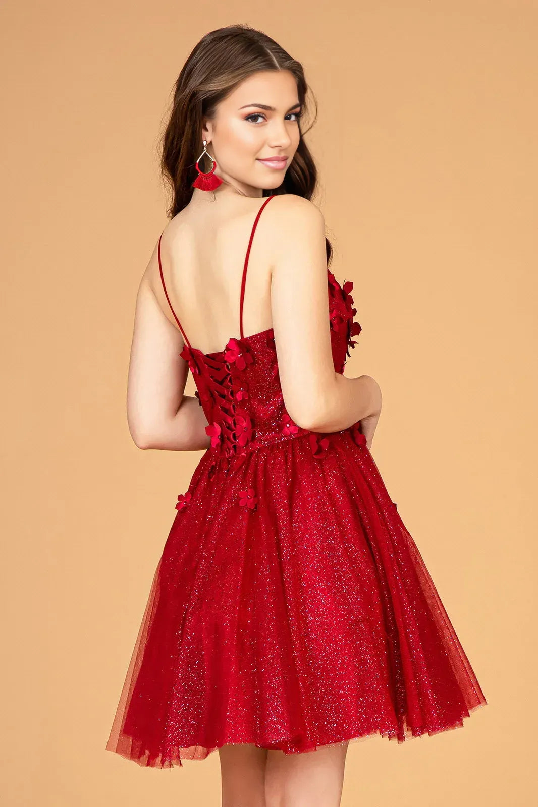 A Line Glitter Tulle 3D Floral Deep V Neck Short Homecoming Dress