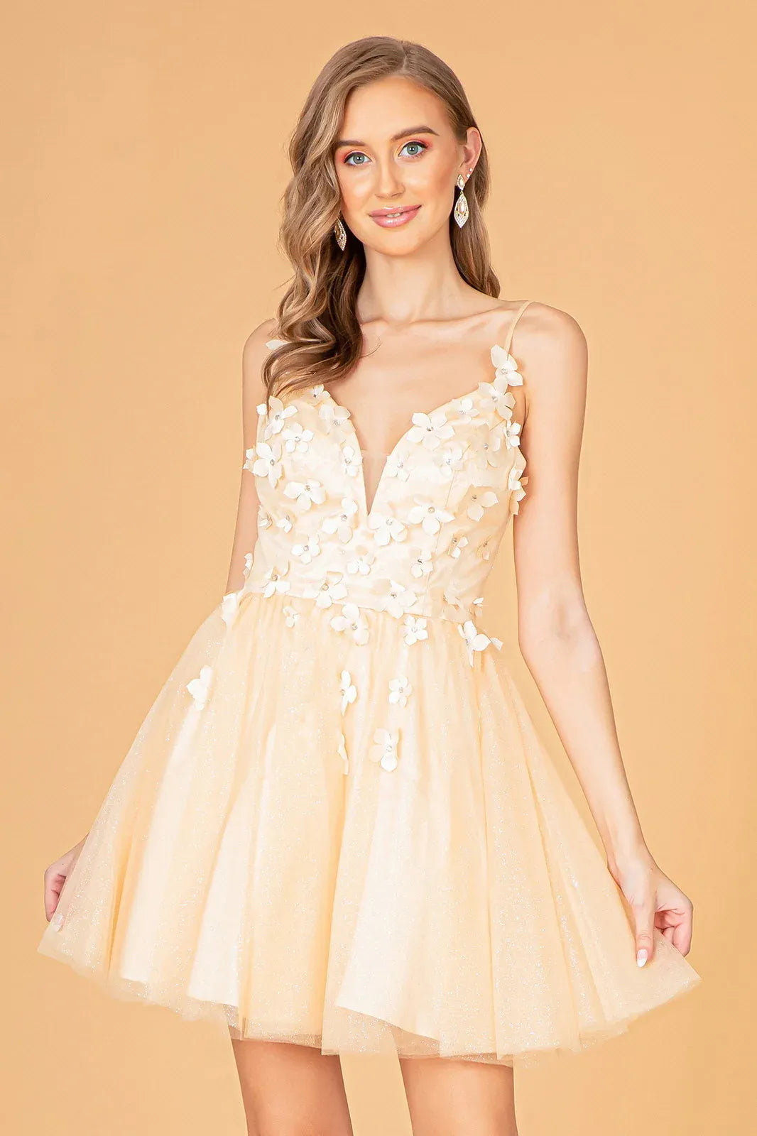 A Line Glitter Tulle 3D Floral Deep V Neck Short Homecoming Dress