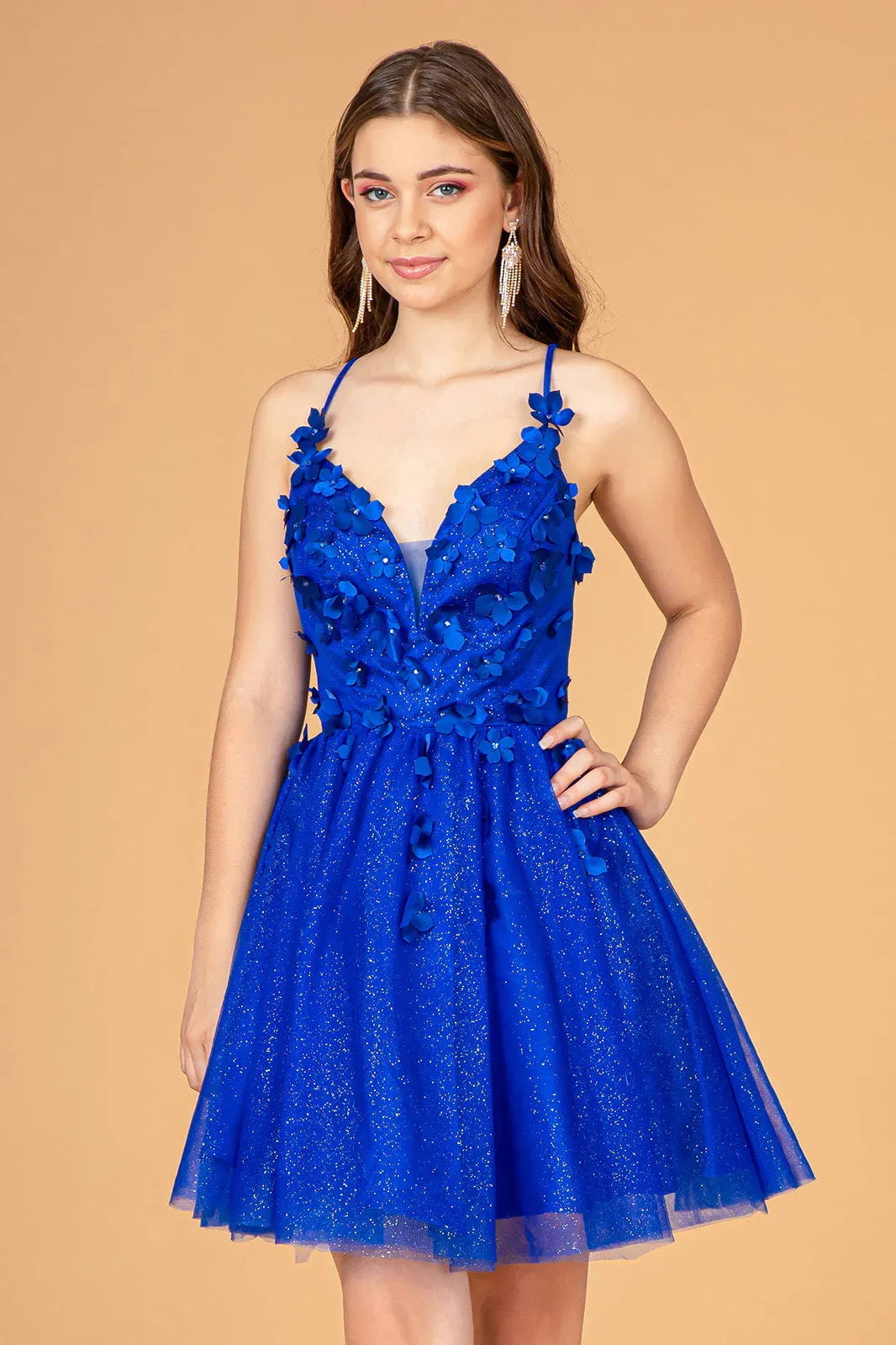 A Line Glitter Tulle 3D Floral Deep V Neck Short Homecoming Dress