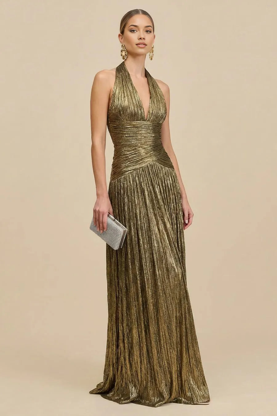 A Line Halter Neck Metallic Floor Length Pleated Evening Maxi Dress