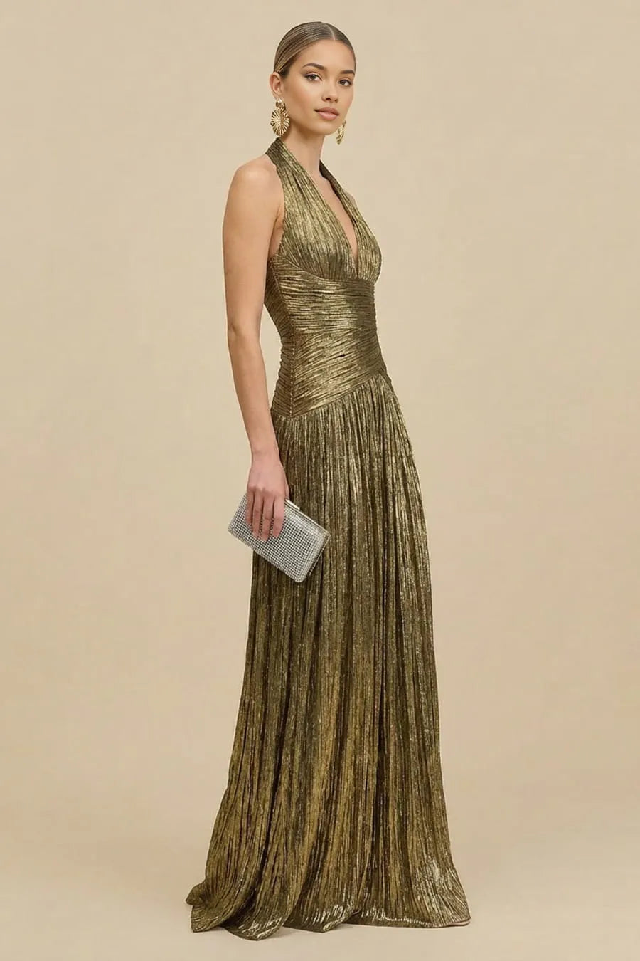 A Line Halter Neck Metallic Floor Length Pleated Evening Maxi Dress