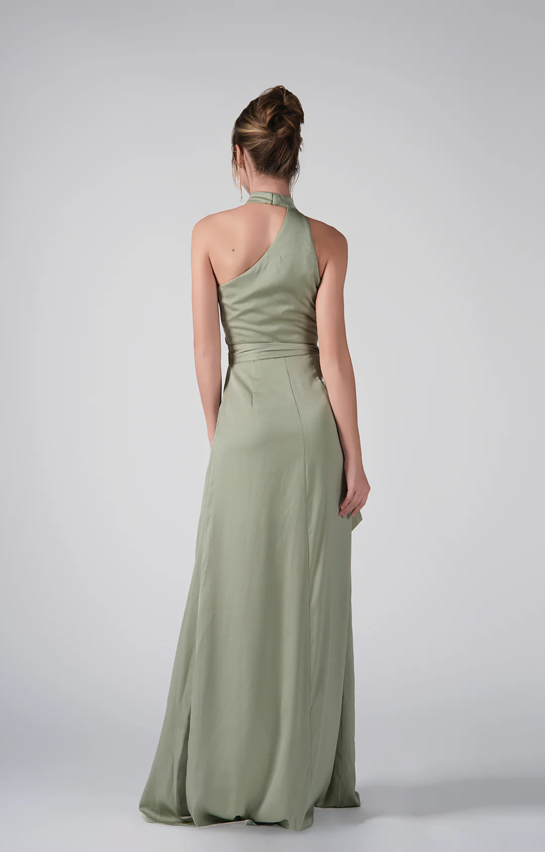 A-Line Halter Neck Sleeveless Satin Floor Length Wrap Slit Evening Dress